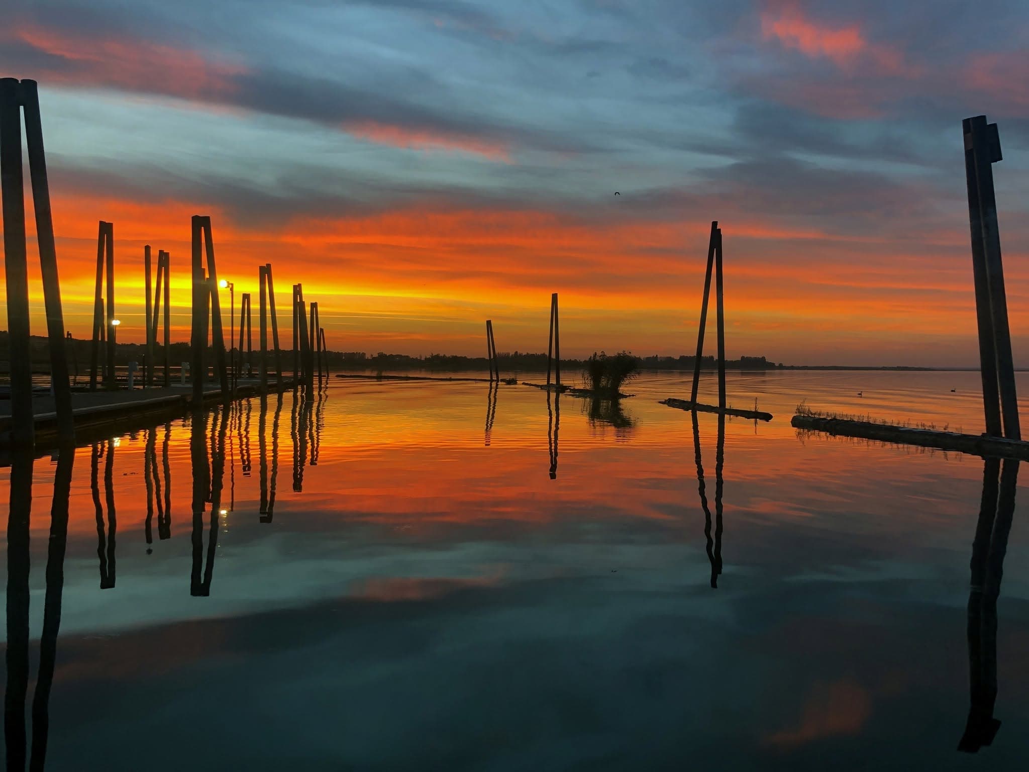 The MarDon marina docks at sunset, boats tied up along the finger piers